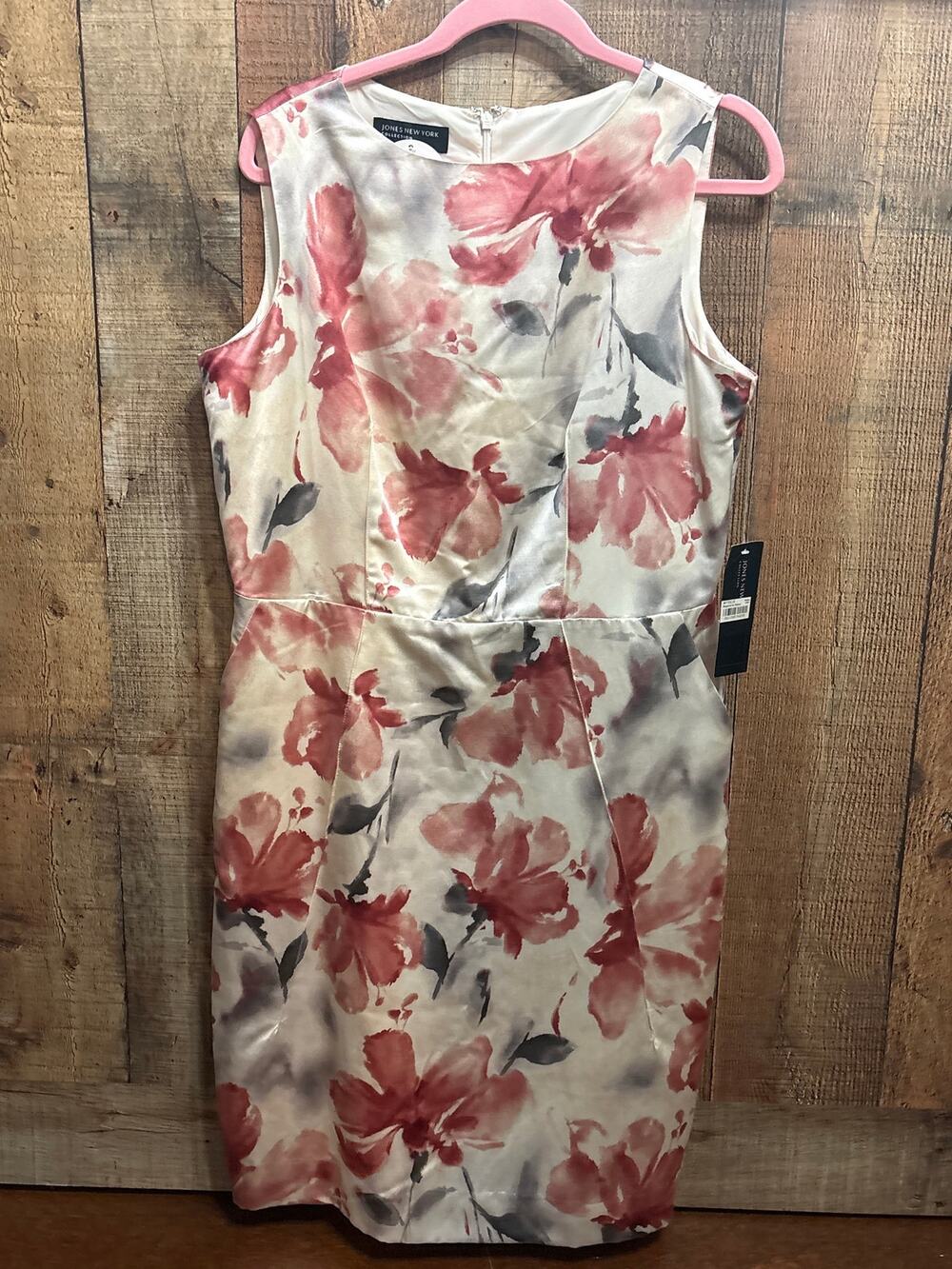 NWT Jones New York Pink Watercolor Floral Satin Sheath Dress